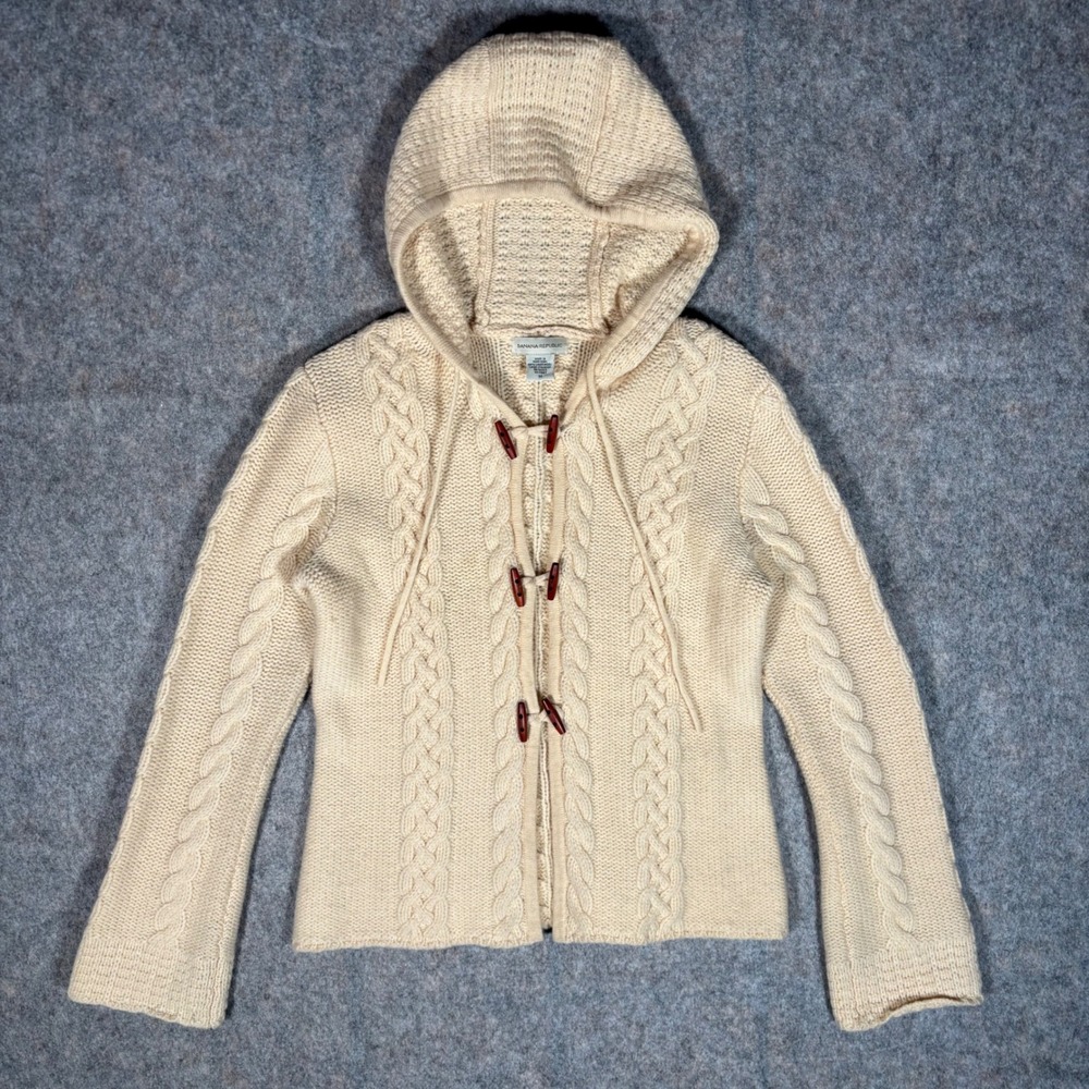 VTG Banana Republic Lambswool Cable Knit Toggle Hooded Cardigan Sweater M Cream